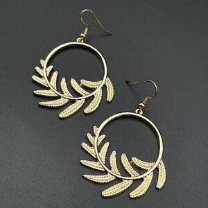 Yellow Gold Round Circular Open Hoop Fern Leaf Dangling Drop Hook Earrings